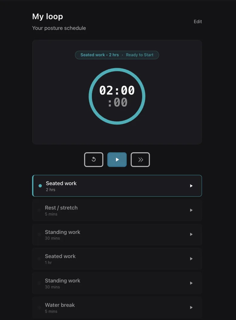 Posture Loop ready to start screen: Review your loop and press play when you're set