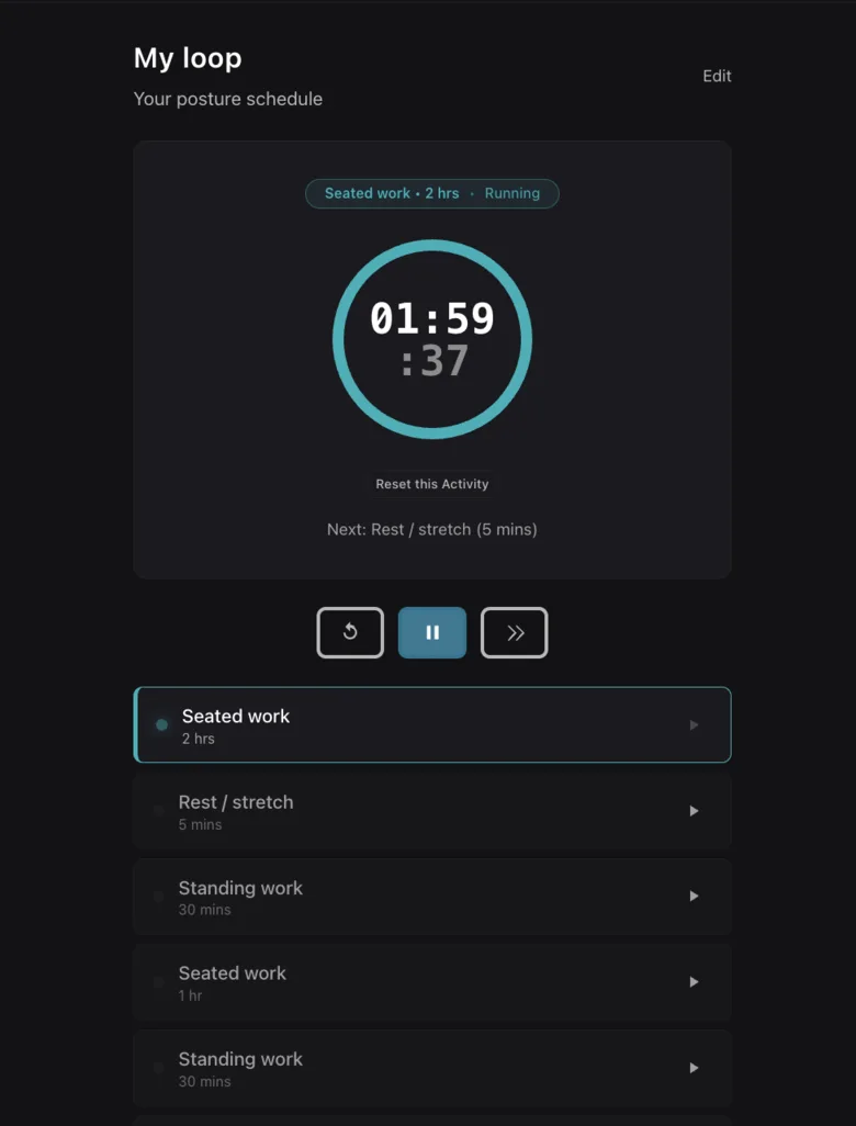Posture Loop timer showing Seated work running with Rest / stretch up next